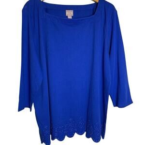 Chico's Top NWT Women's Size 4 (2x) Eyelet Square Neck Scallop Hem Admiral Peony